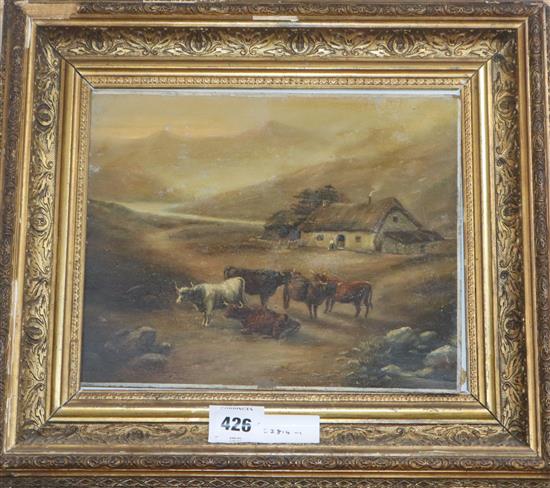 19th century English School, oil on board, Cattle and cottage in a landscape, 23 x 28cm